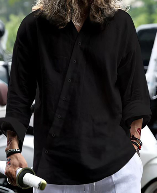 Minimalist Plain Loose Surplice Neck Long Sleeve Button Shirt